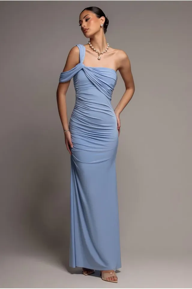 Goddiva DR5351 abito lungo monospalla blu bodycon