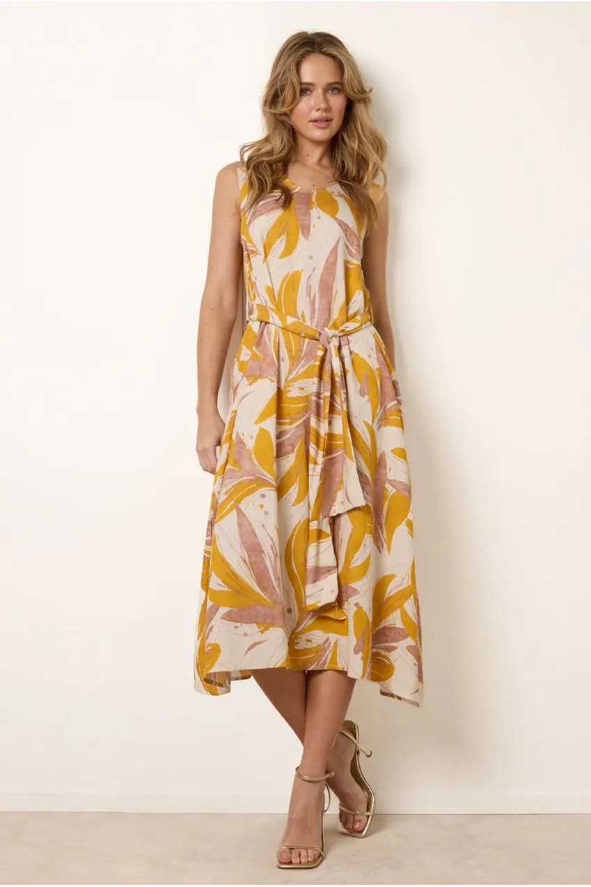 Blue Vanilla Leaf Print abito midi limone senza maniche