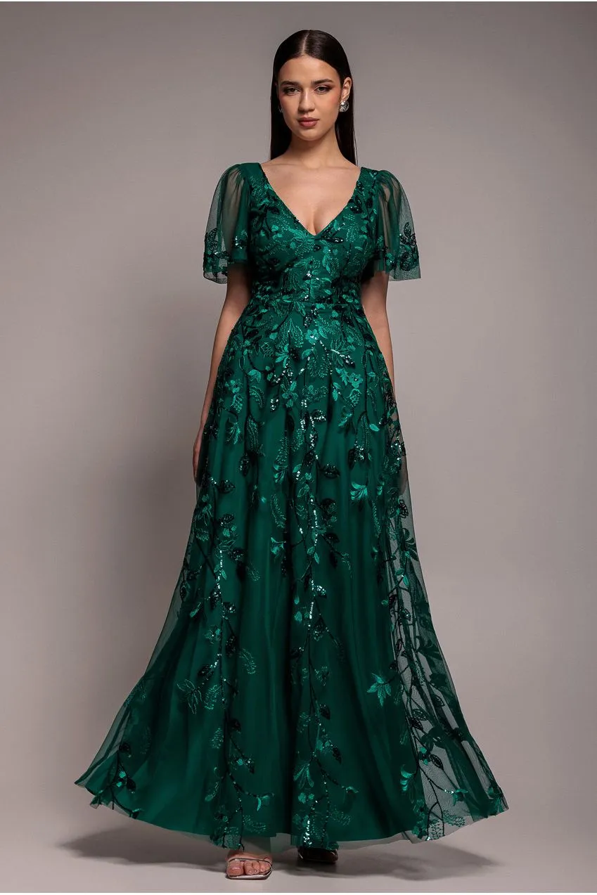 Goddiva DR3279A abito maxi verde smeraldo ricamato