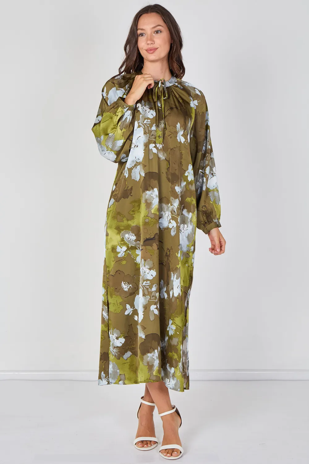Love Sunshine Watercolour Floral abito maxi khaki manica lunga