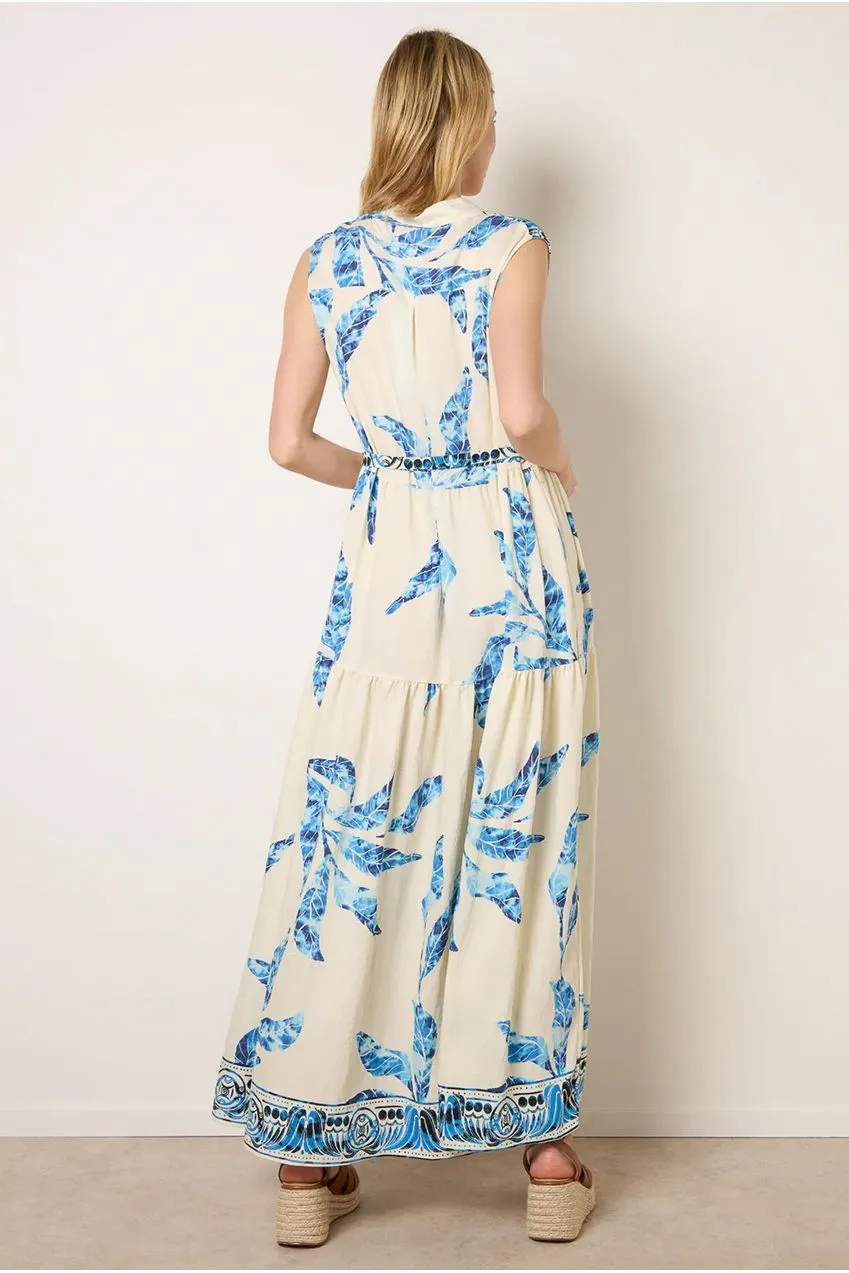 Blue Vanilla Abito Camicia Maxi Blu Foglie Cintura