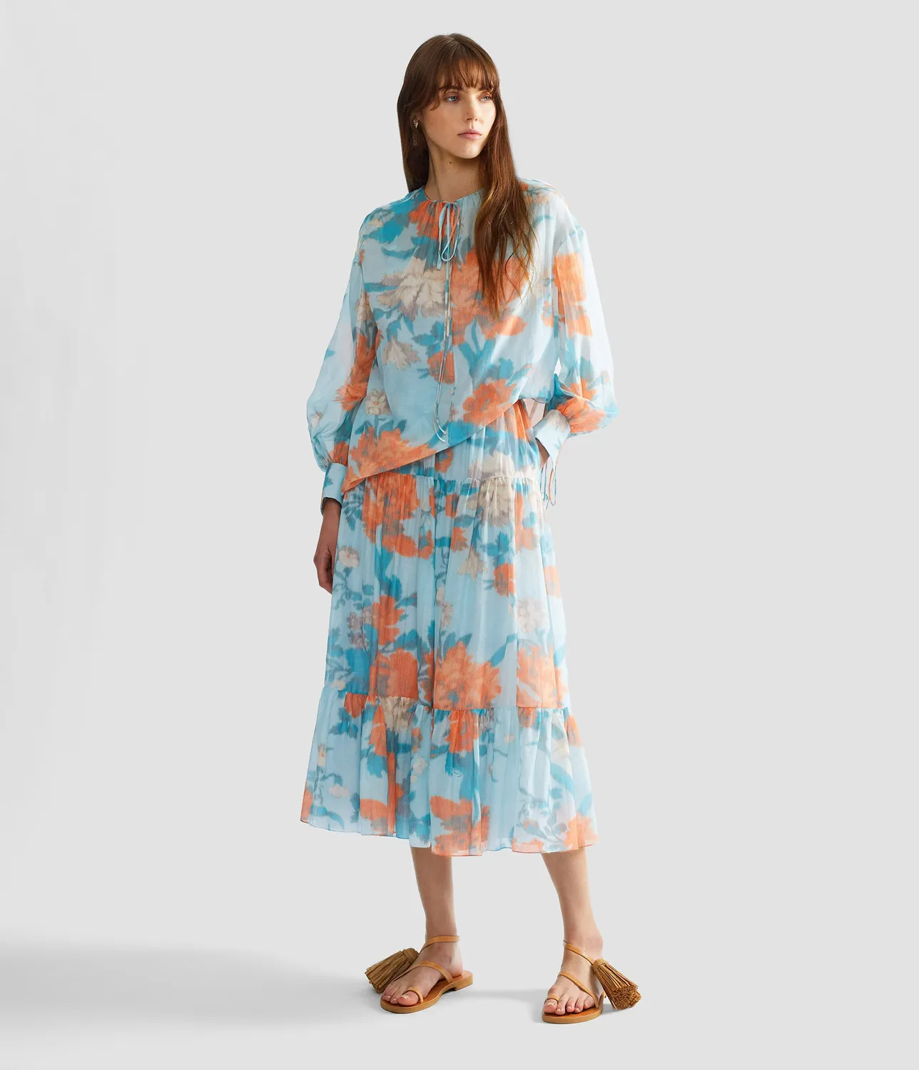 Erdem Gonna Midi Floreale Voile Cotone Seta Blu