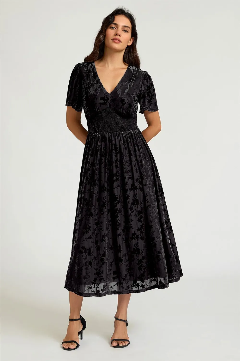 FS Collection Velvet Burnout abito nero midi scollo V