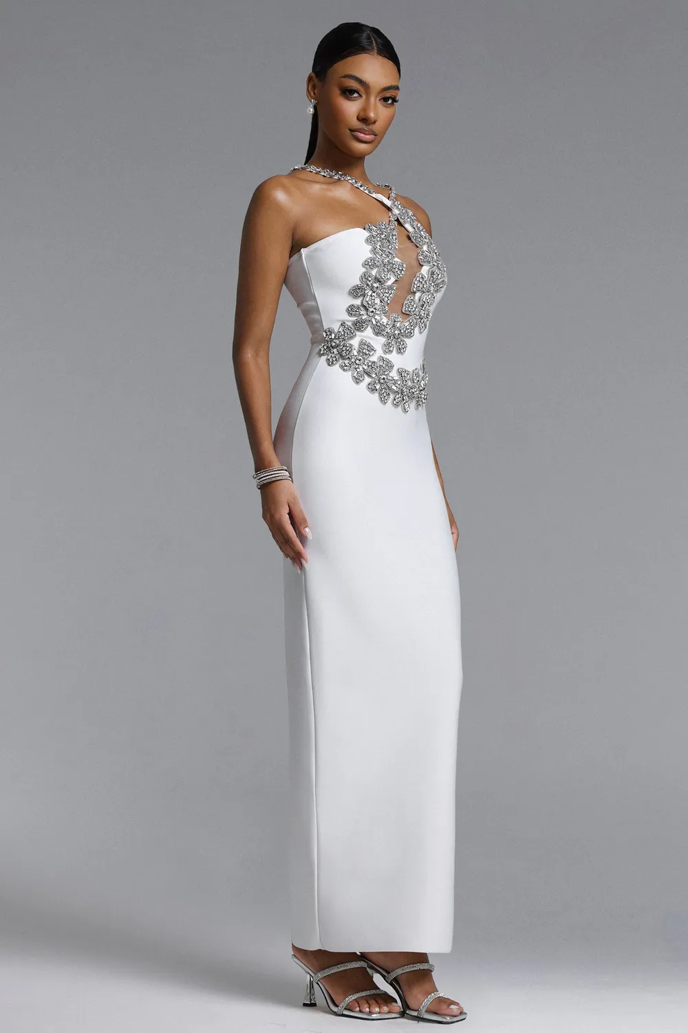 Bella Barnett Veronic abito maxi bianco strass bandage