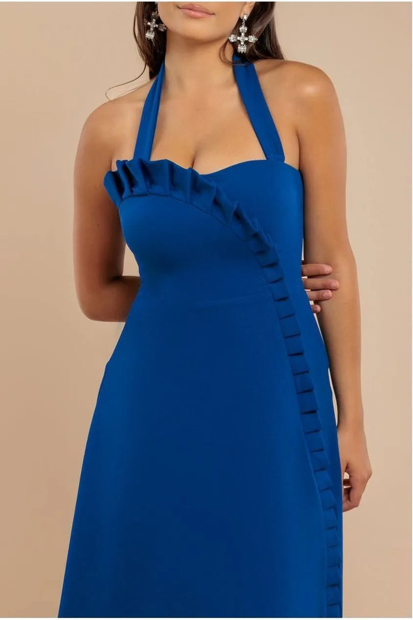 Goddiva Frilled Halter abito midi blu royal balze