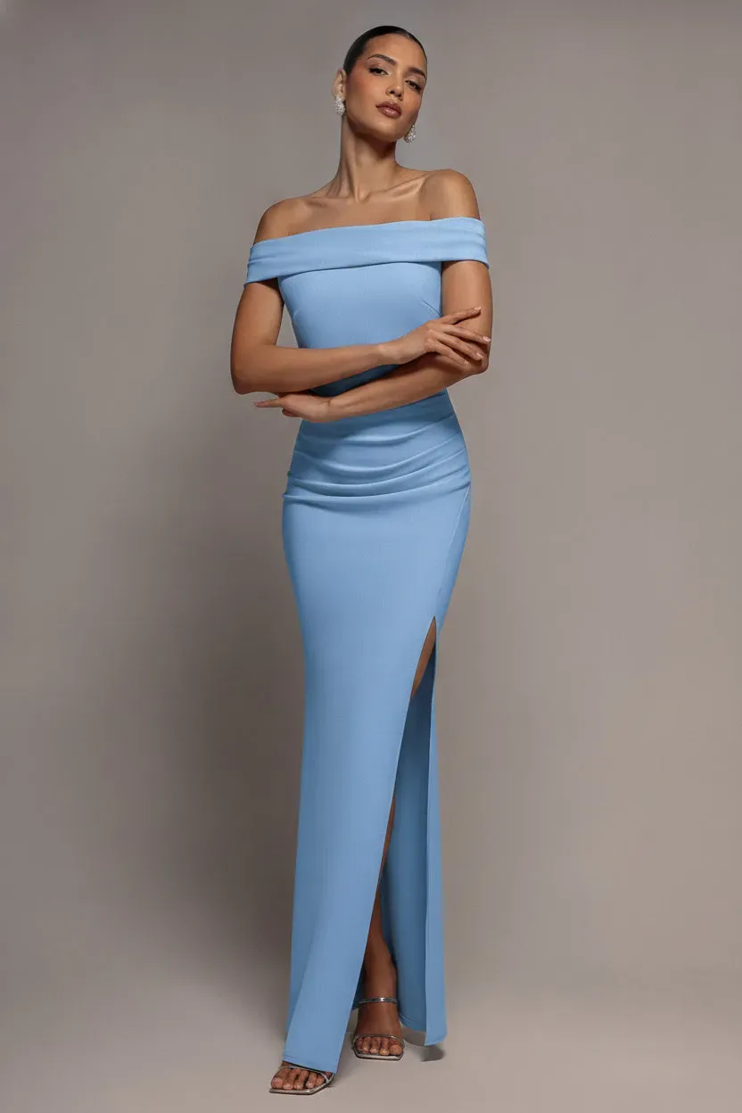 Goddiva Abito Maxi Spalle Scoperte Azzurro Polvere Spacco