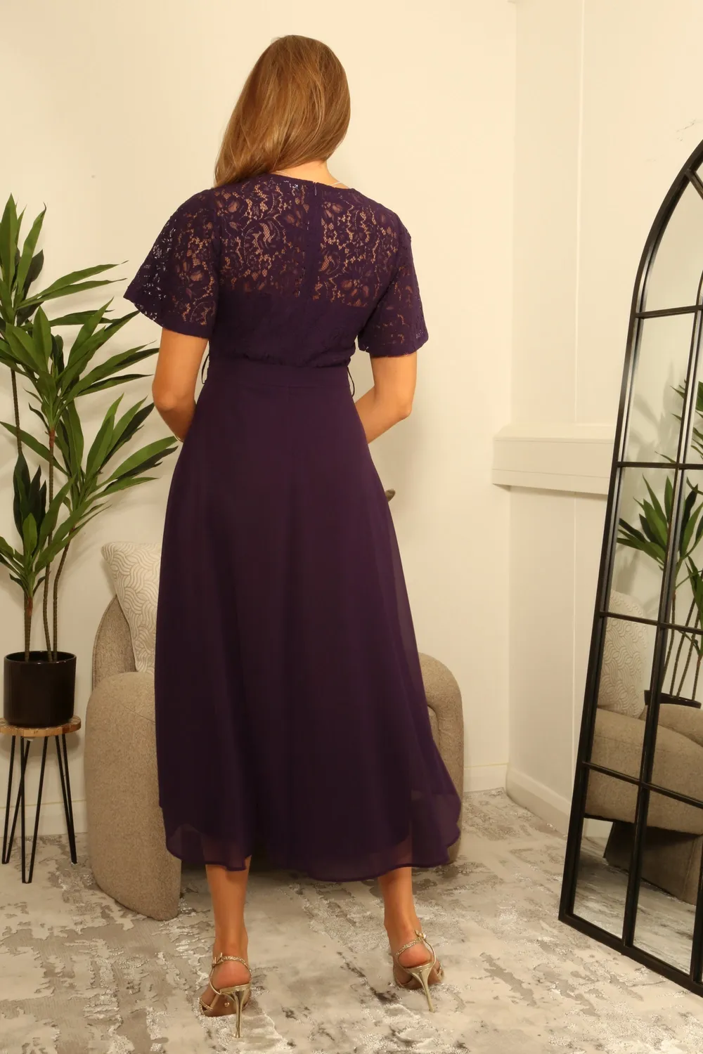 Double Second Abito Pizzo Viola Midi Incrocio Scollo Pizzo