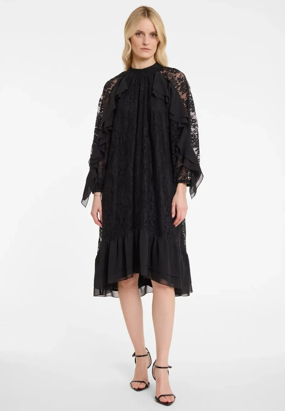 Ana Alcazar Abidy abito pizzo nero midi volant