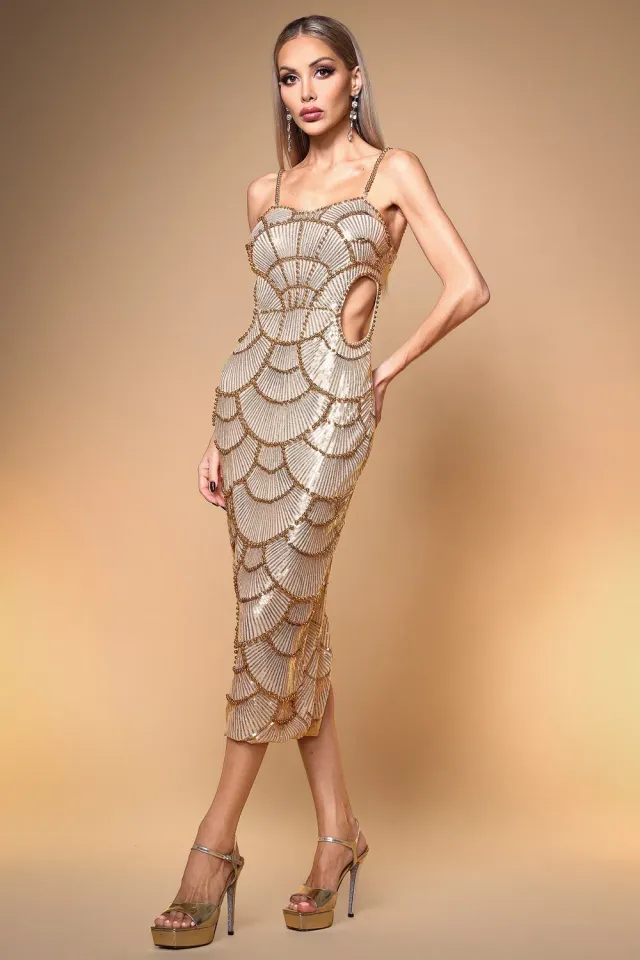 Bella Barnett Teresa abito midi oro paillettes perle