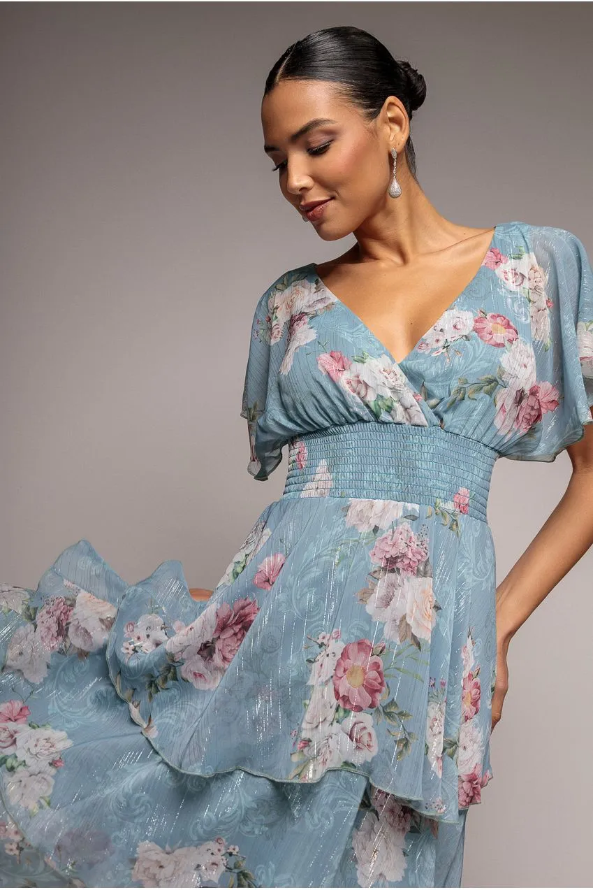 Goddiva Layered Floral Midi Abito Chiffon Blu Aviazione