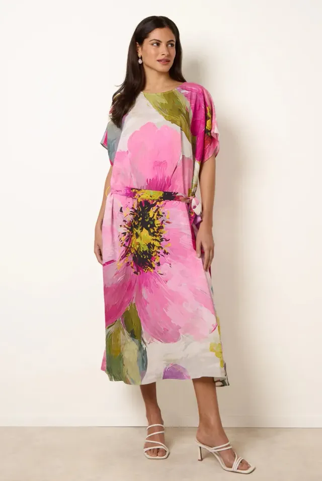 Blue Vanilla Abito Midi Rosa Tie Waist Maniche Corte Unica