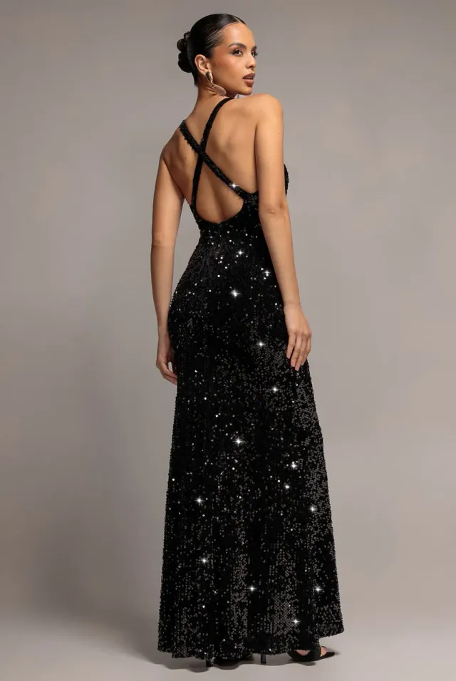 Goddiva Sequin Velvet DR5257 abito lungo nero scollo V