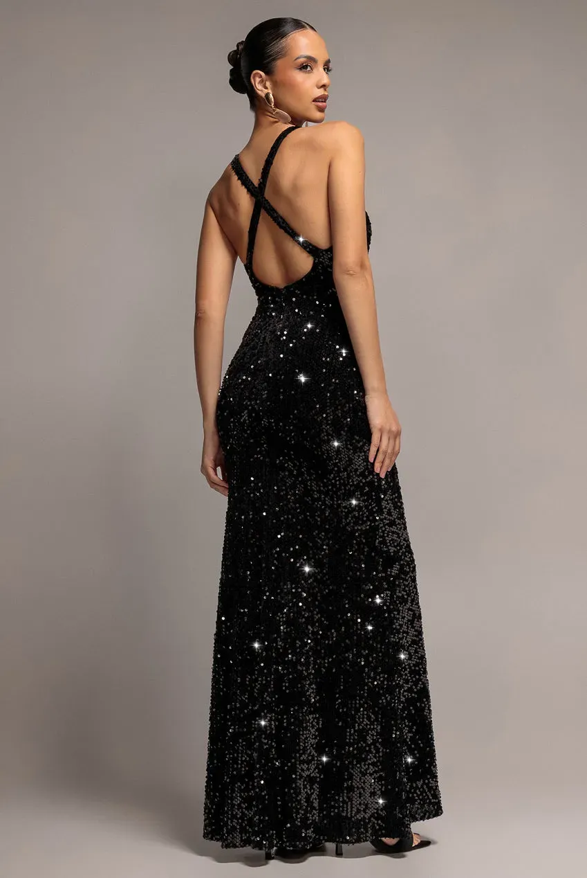 Goddiva Sequin Velvet DR5257 abito lungo nero scollo V