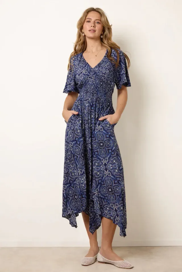 Blue Vanilla Paisley abito midi navy viscosa manica corta