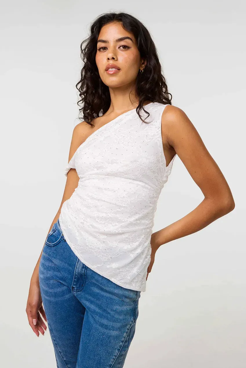 Pink Vanilla Diamante Lace top off-shoulder avorio in pizzo