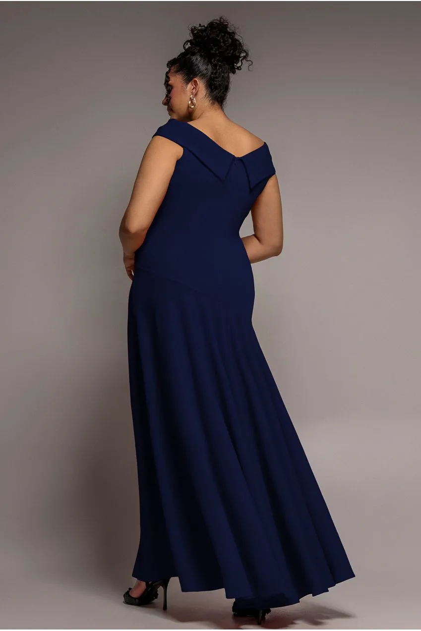 Goddiva Plus Scuba Crepe abito maxi navy spalle scoperte 18-26