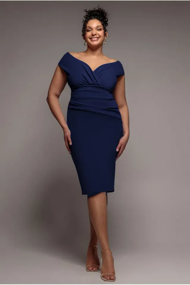 Goddiva Plus abito midi bardot scuba blu navy