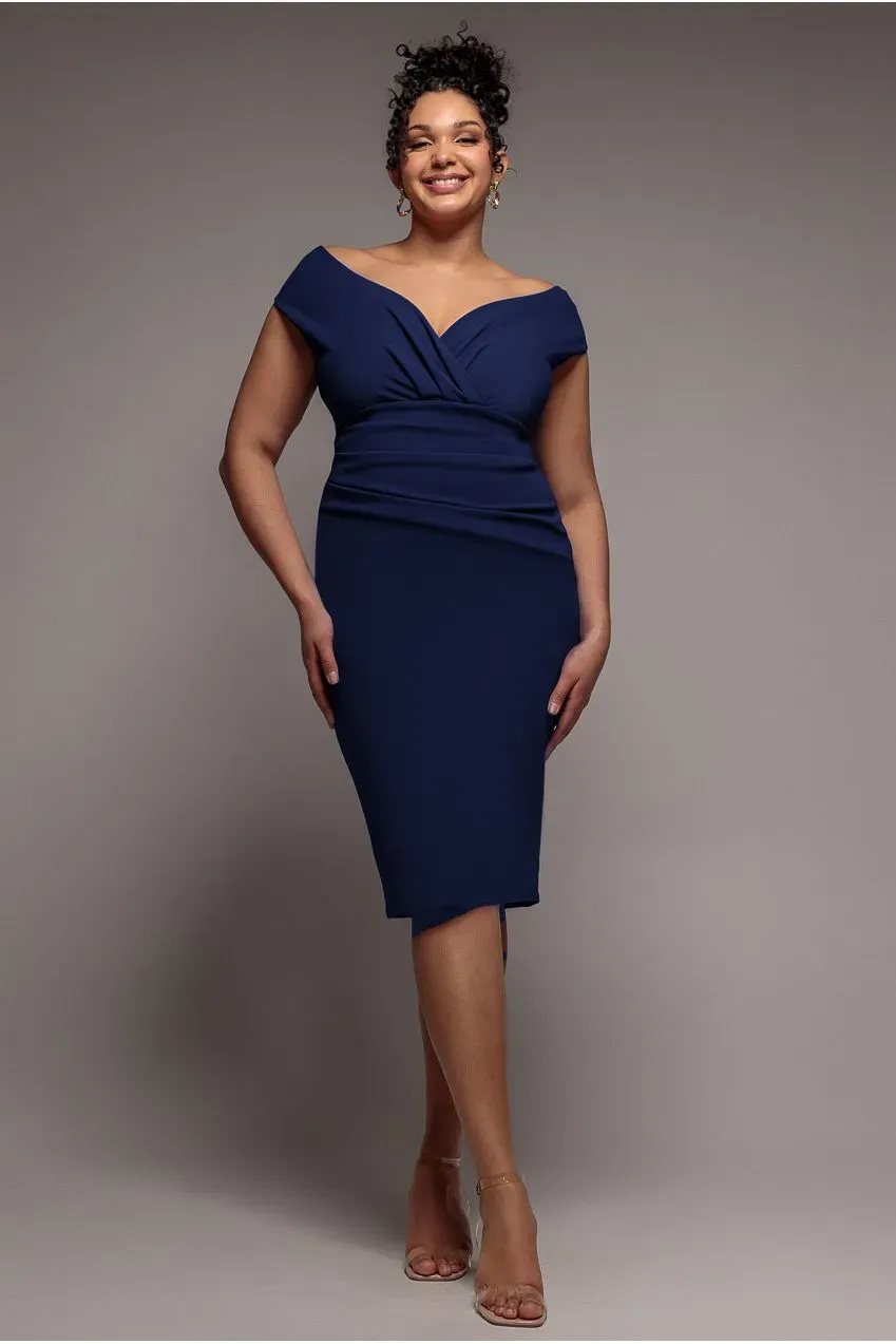 Goddiva Plus abito midi bardot scuba blu navy