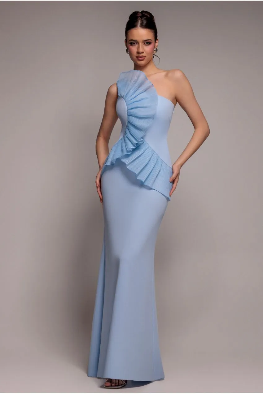 Goddiva DR4872 abito maxi monospalla azzurro plisse