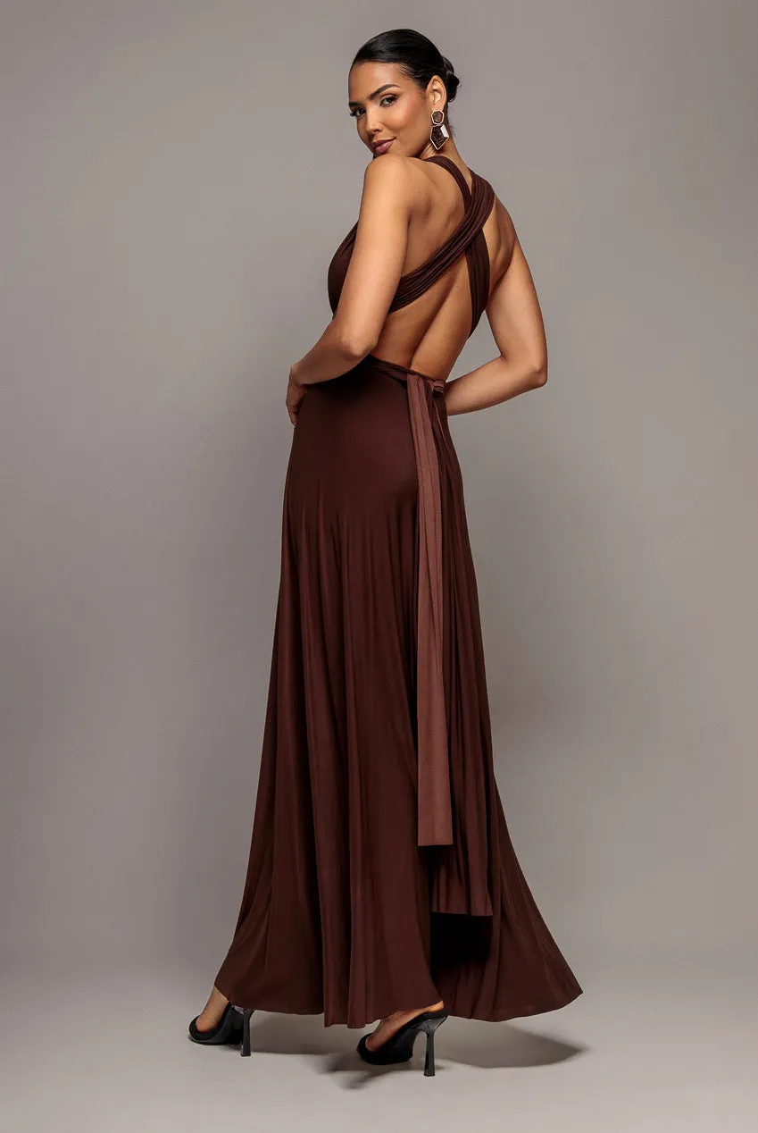 Goddiva Multiway abito maxi marrone allacciato