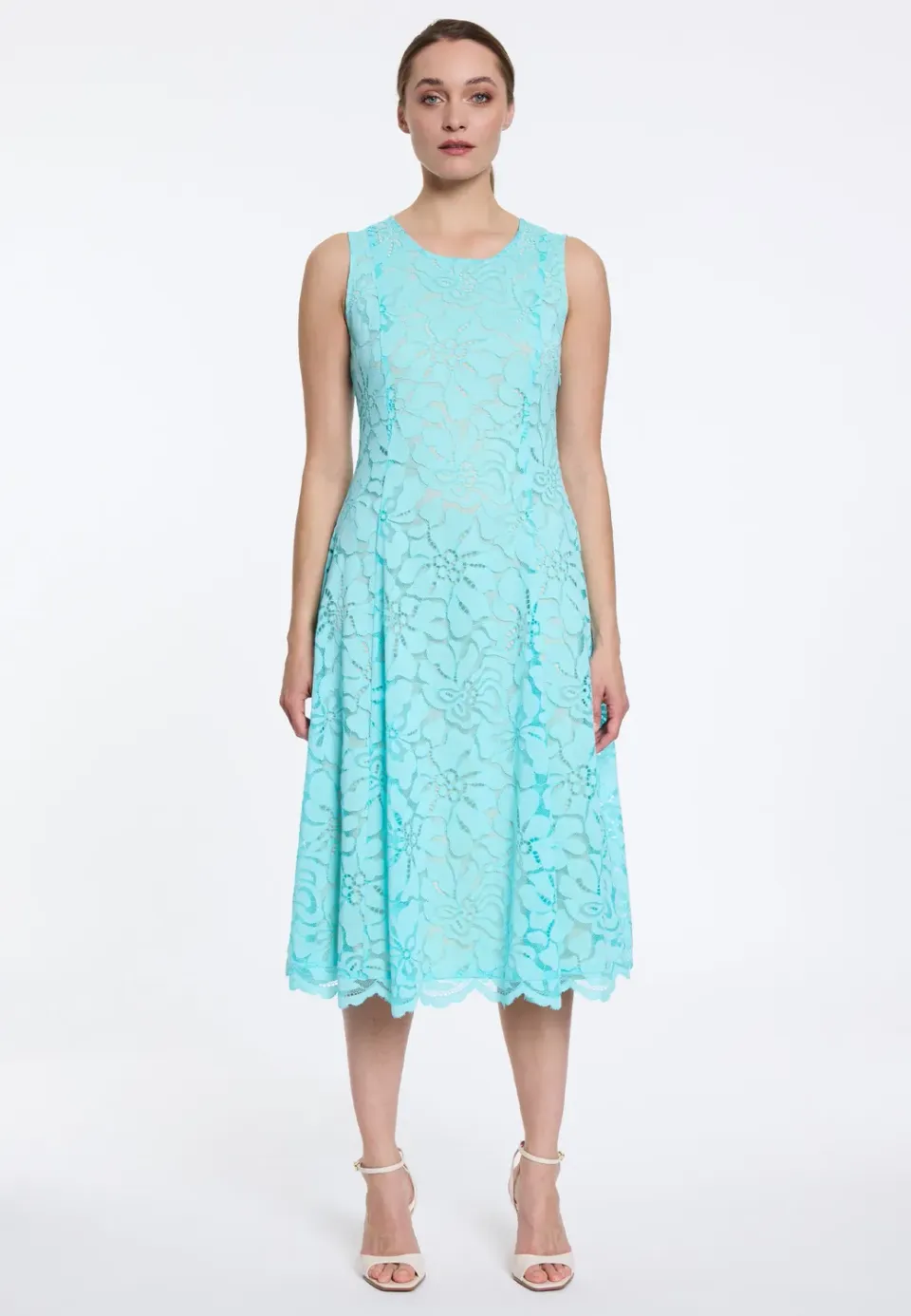 Ana Alcazar Duwin abito pizzo midi turchese