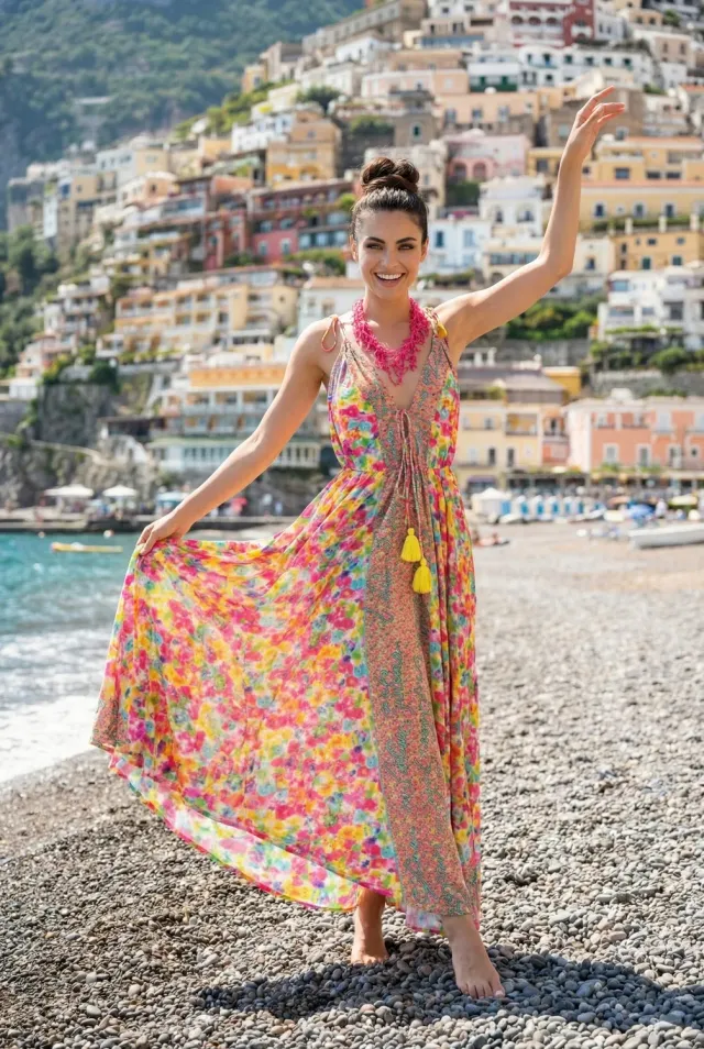 Antica Sartoria FC443 abito lungo bretelle fucsia satin