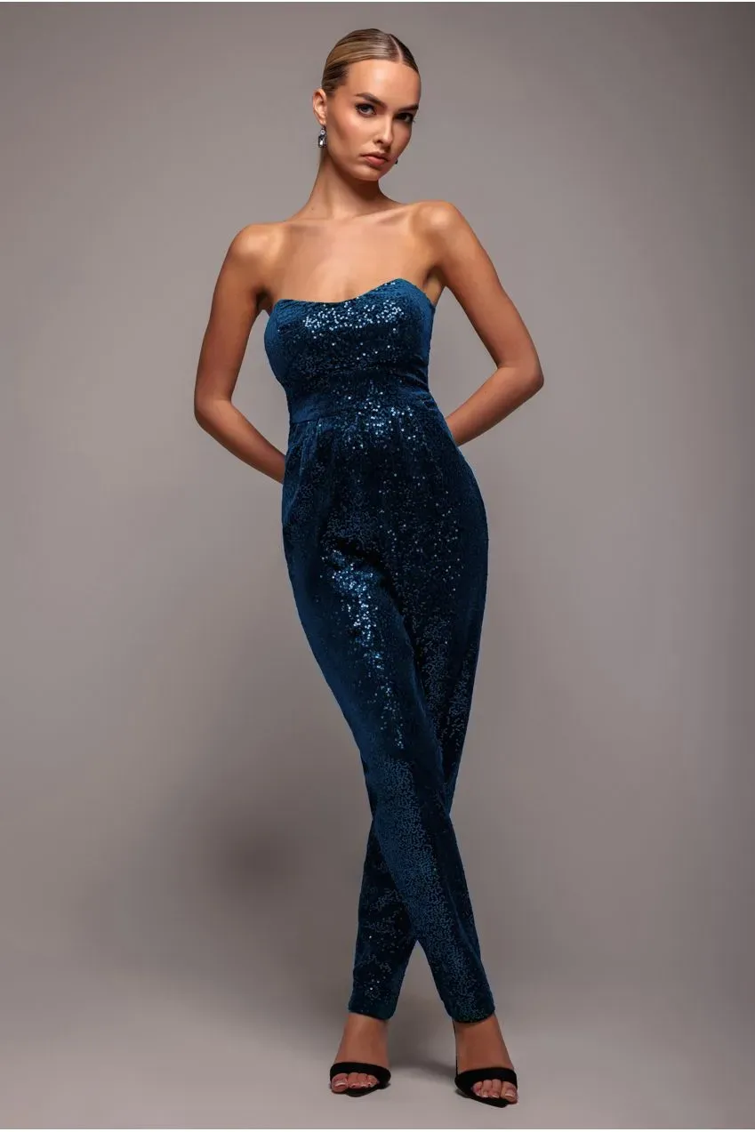 Goddiva Sequin Velvet Corset tuta blu paillettes