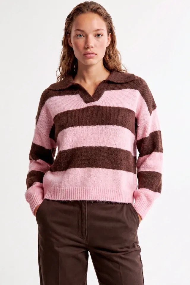 Aftershock London maglione rosa righe collo polo lana