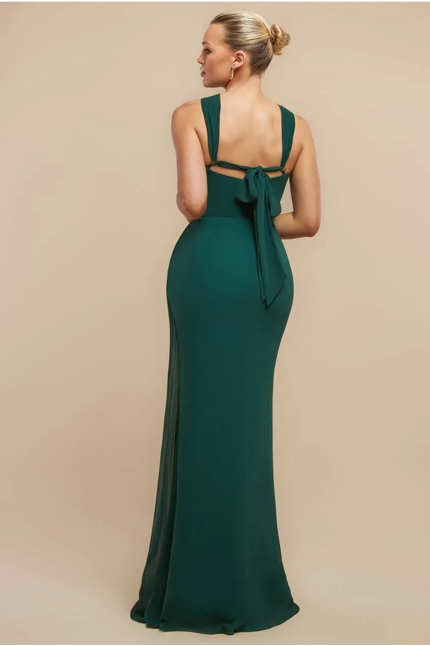 Goddiva Abito Maxi Chiffon Halter Verde Smeraldo Spacco