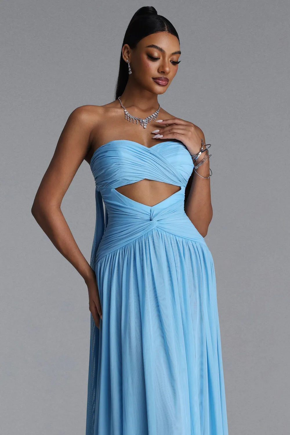 Bella Barnett Prunella abito maxi blu L drappeggiato