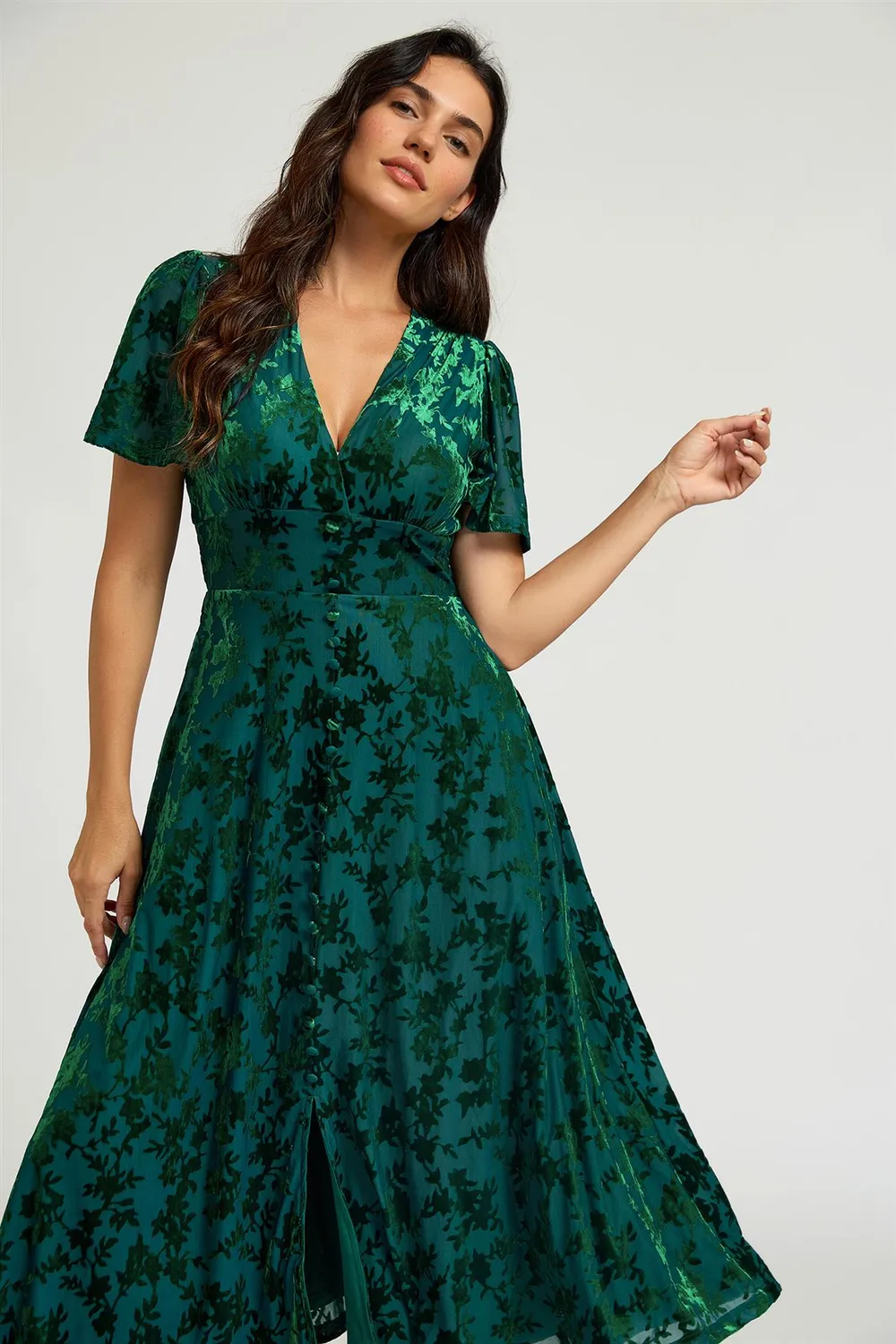 FS Collection abito midi velluto floreale verde scollo V