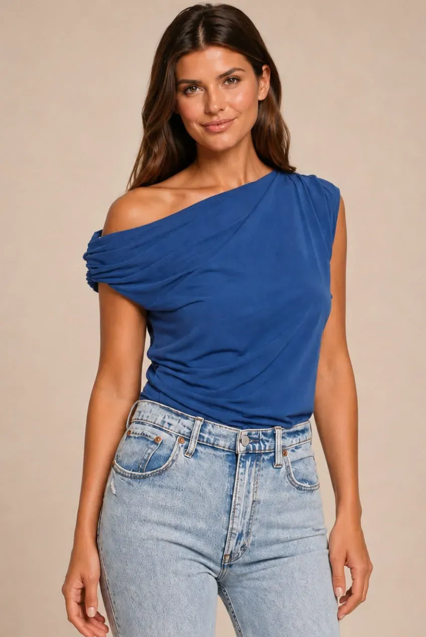 Honor Gold Top Willow Blu Spalle Scoperte Manica Corta Jersey