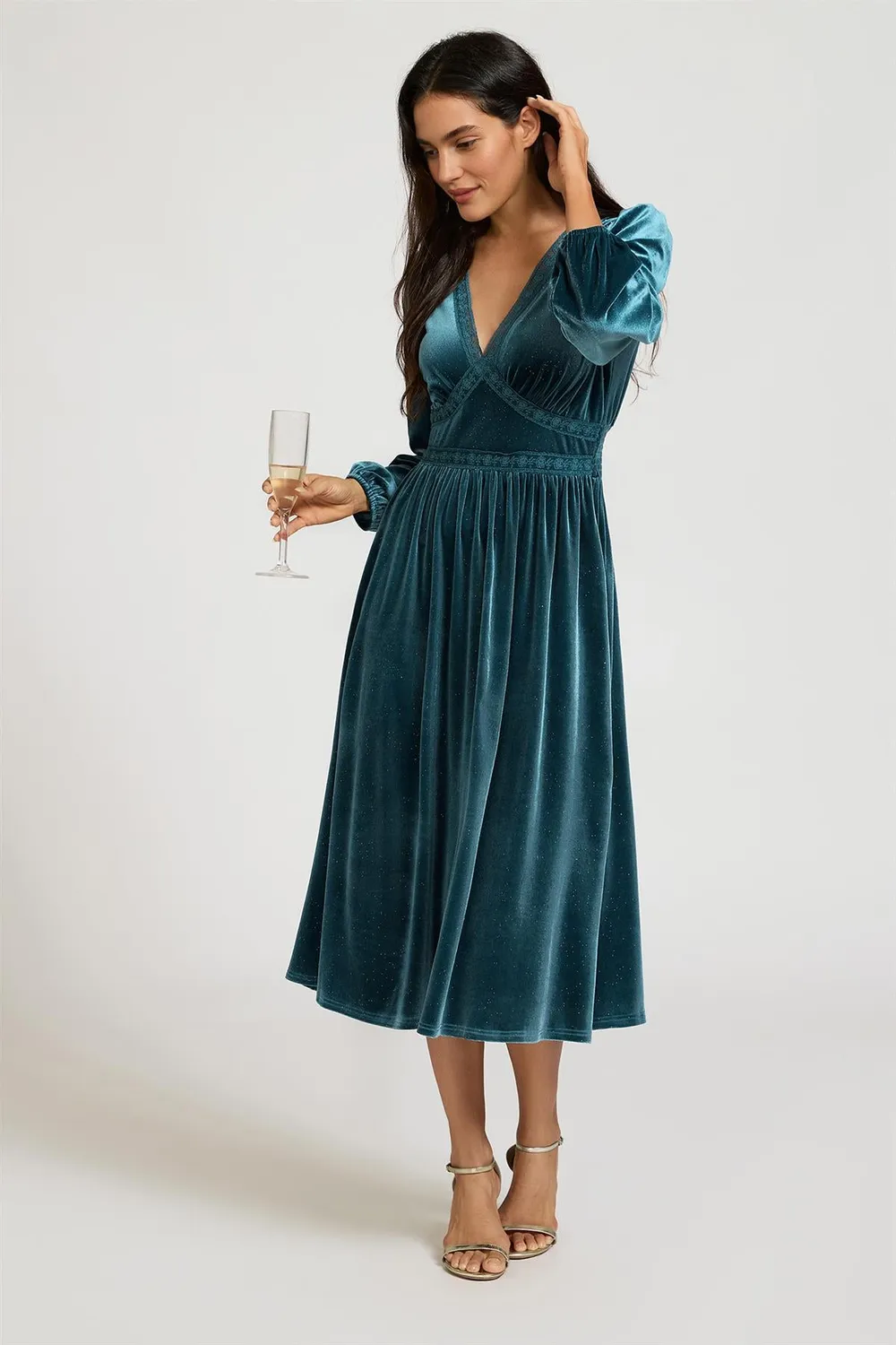 FS Collection abito midi velluto teal collo V manica lunga