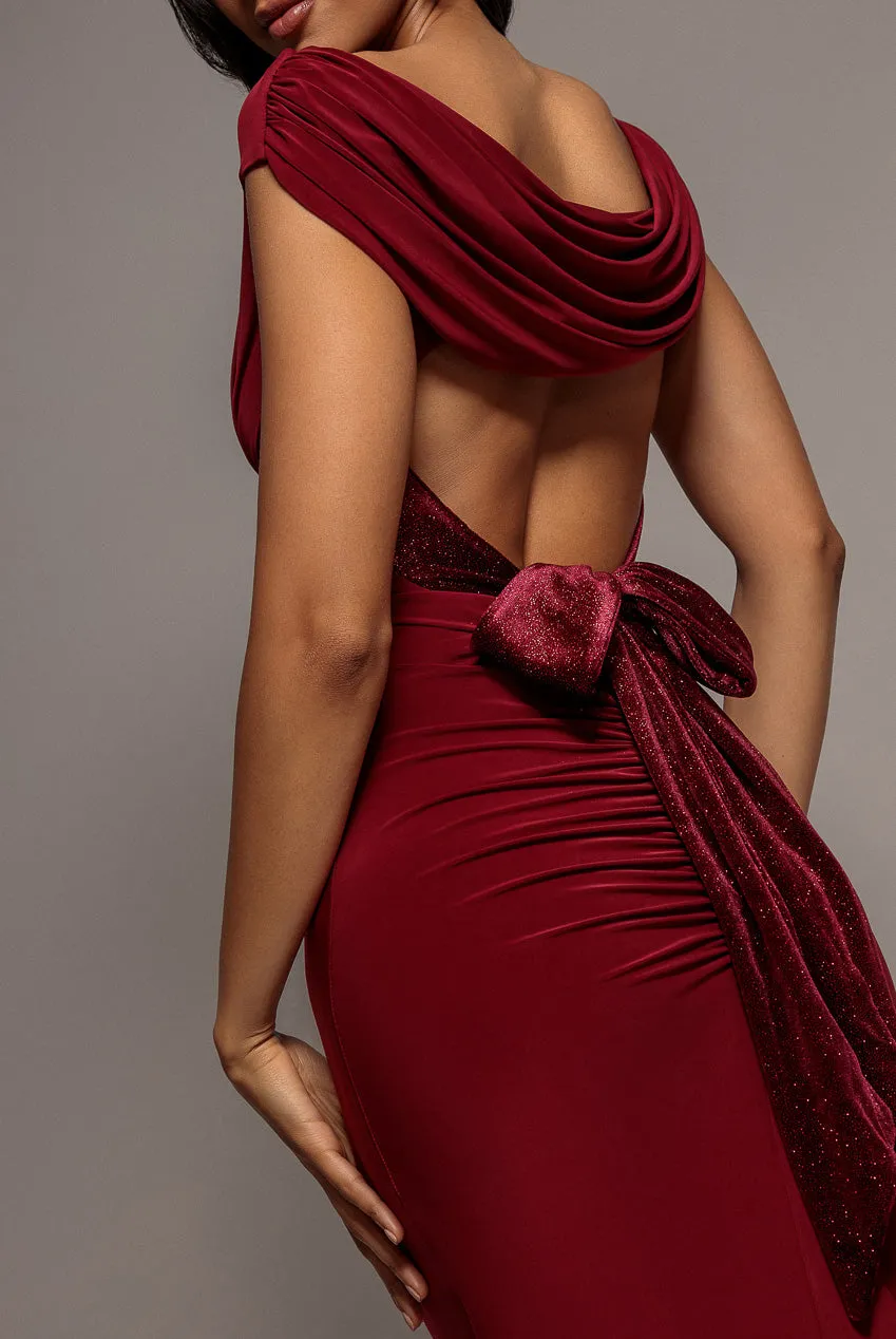 Goddiva Cowl Neck abito lungo vino schiena aperta