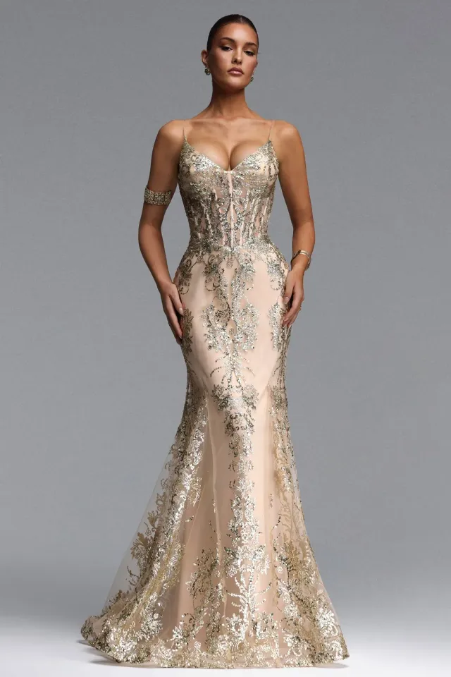 Bella Barnett Miriam abito maxi paillettes beige corsetto