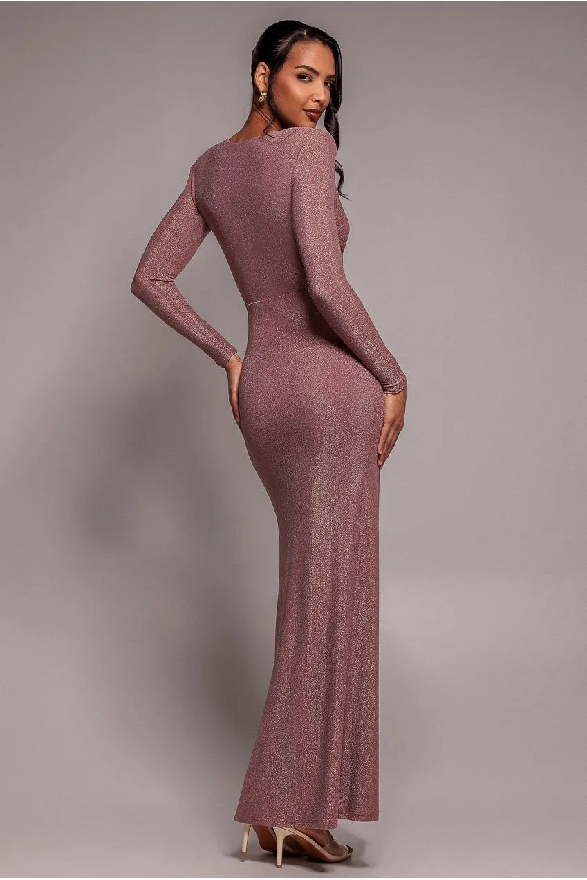 Goddiva Front Crossover Lurex Split Maxi abito rosa scollo V