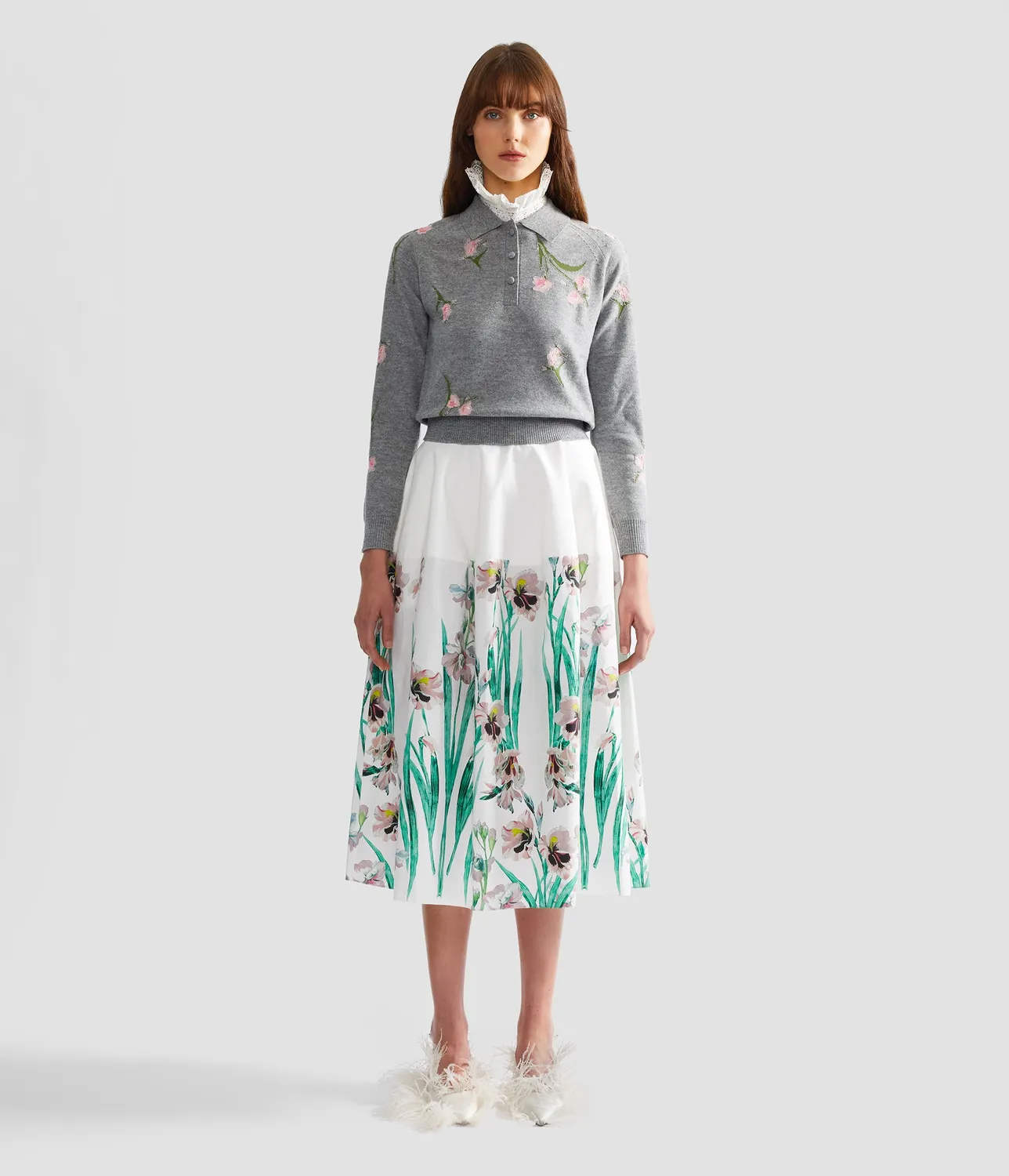Erdem Merino maglione polo fiori grigio XS-XL