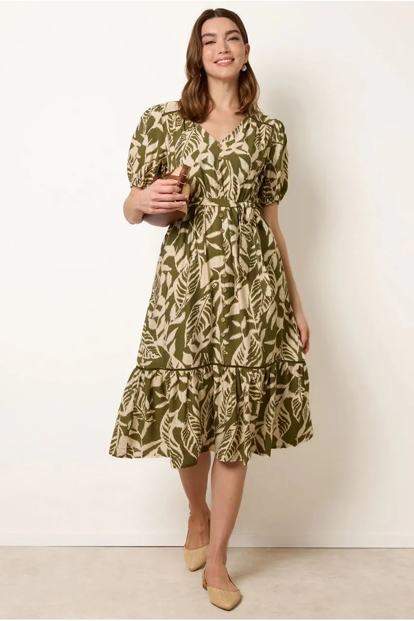 Blue Vanilla Coconut Button abito midi Khaki cinturato