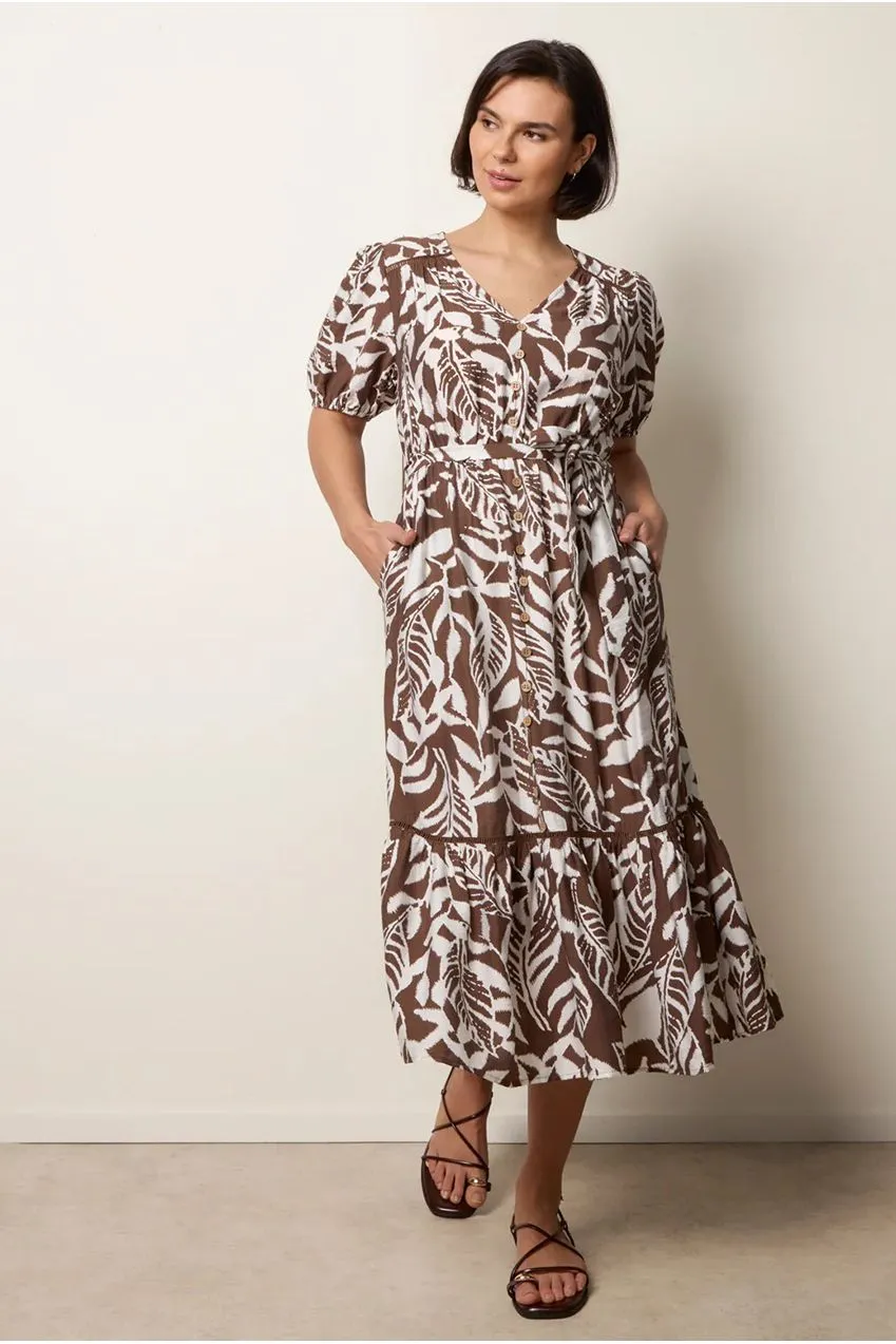 Blue Vanilla Coconut Button Belted abito midi marrone