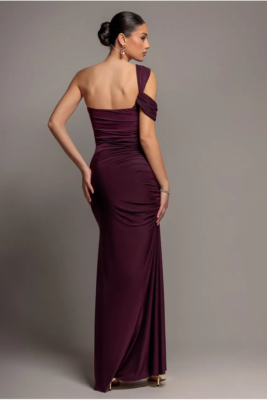 Goddiva One Shoulder abito maxi bordeaux twist DR5351