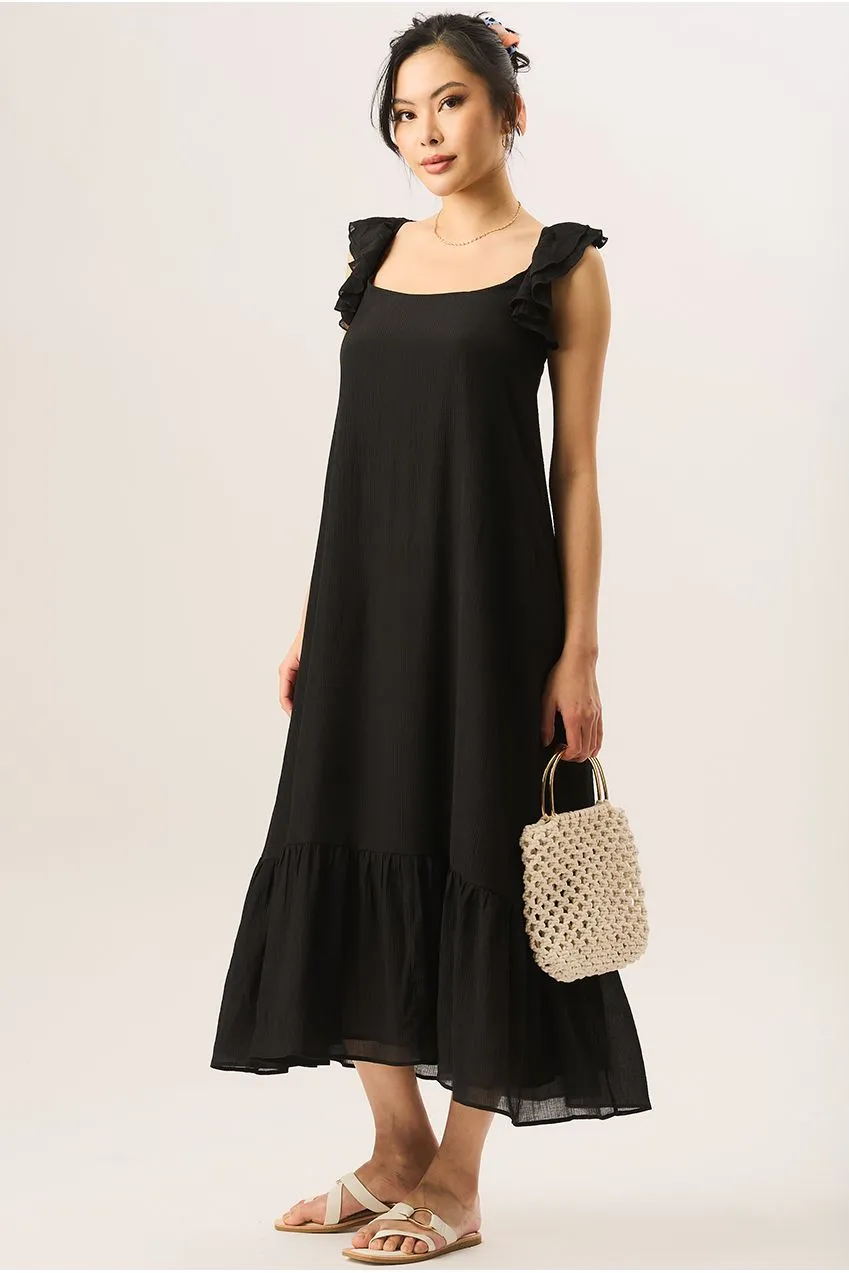 Gini London Ruffle abito lungo nero viscosa maniche corte