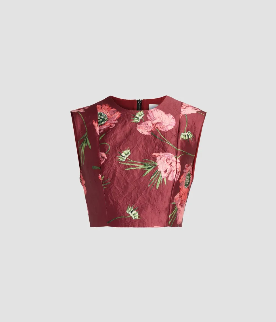 Erdem Floral Textured Satin Crop Top top satin