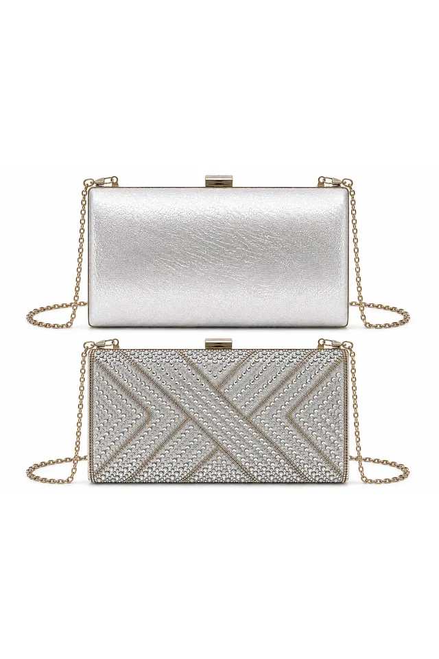 Double Second Rhinestone Box Clutch pochette argento con strass
