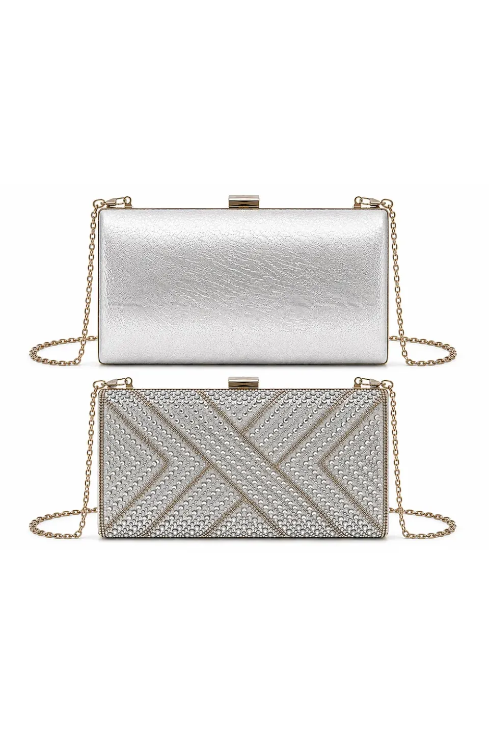 Double Second Rhinestone Box Clutch pochette argento con strass