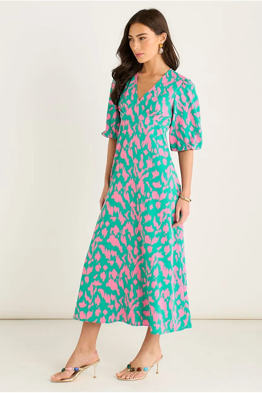 Gini London V Neck Shift abito midi verde animalier