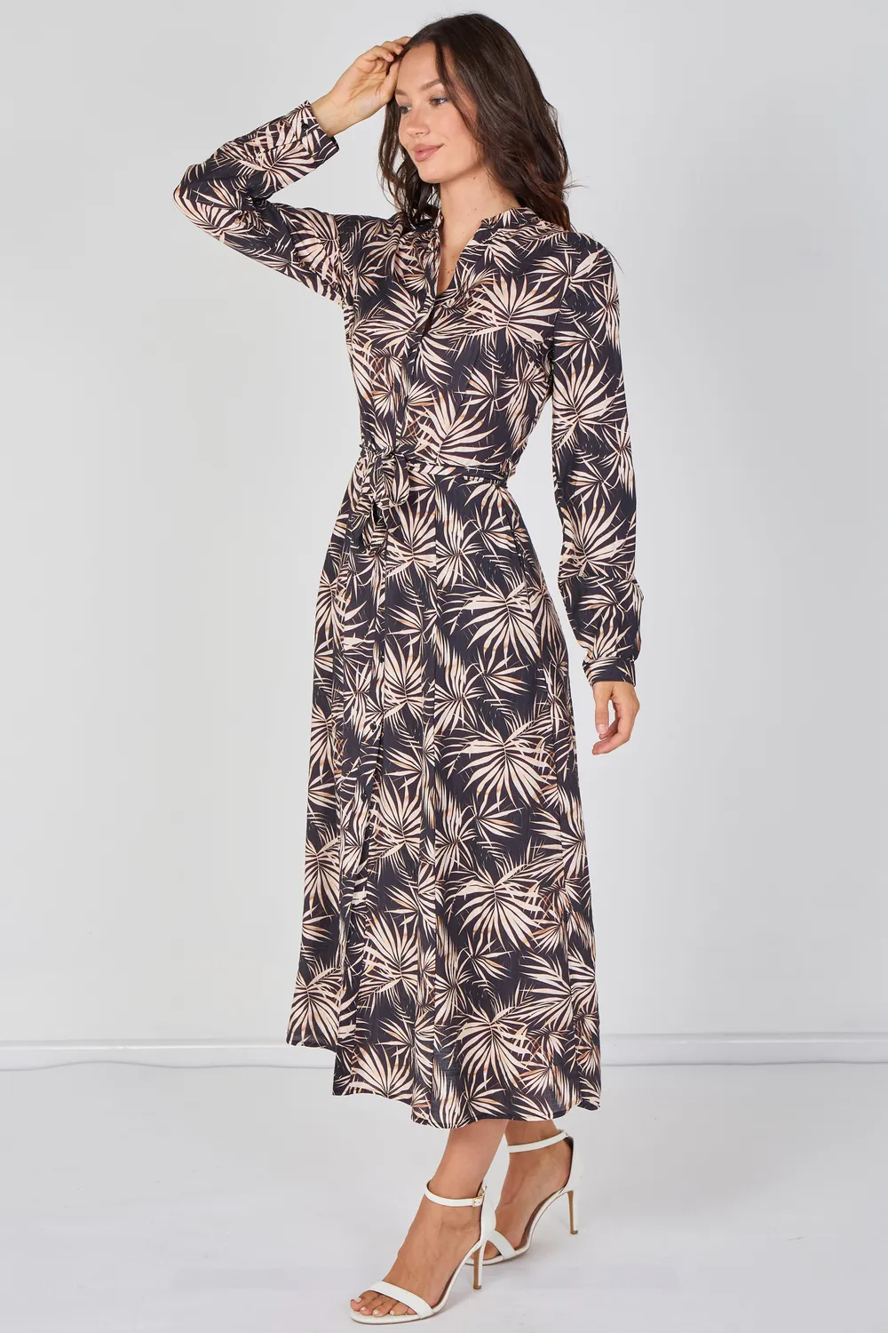 Love Sunshine abito camicia maxi nero palme cintura