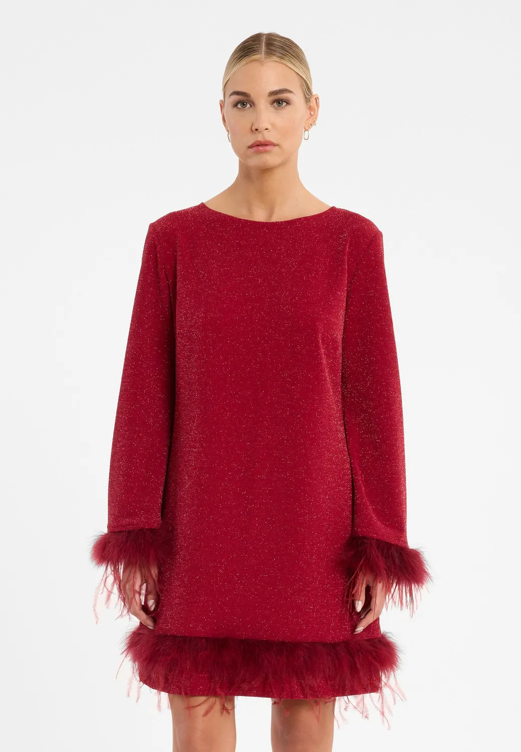 Ana Alcazar Cilea abito cocktail rosso lurex piume svasato