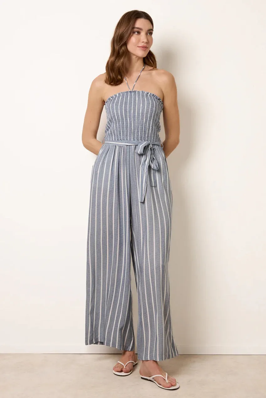 Blue Vanilla Bardot Tie Neck tuta gessata blu denim