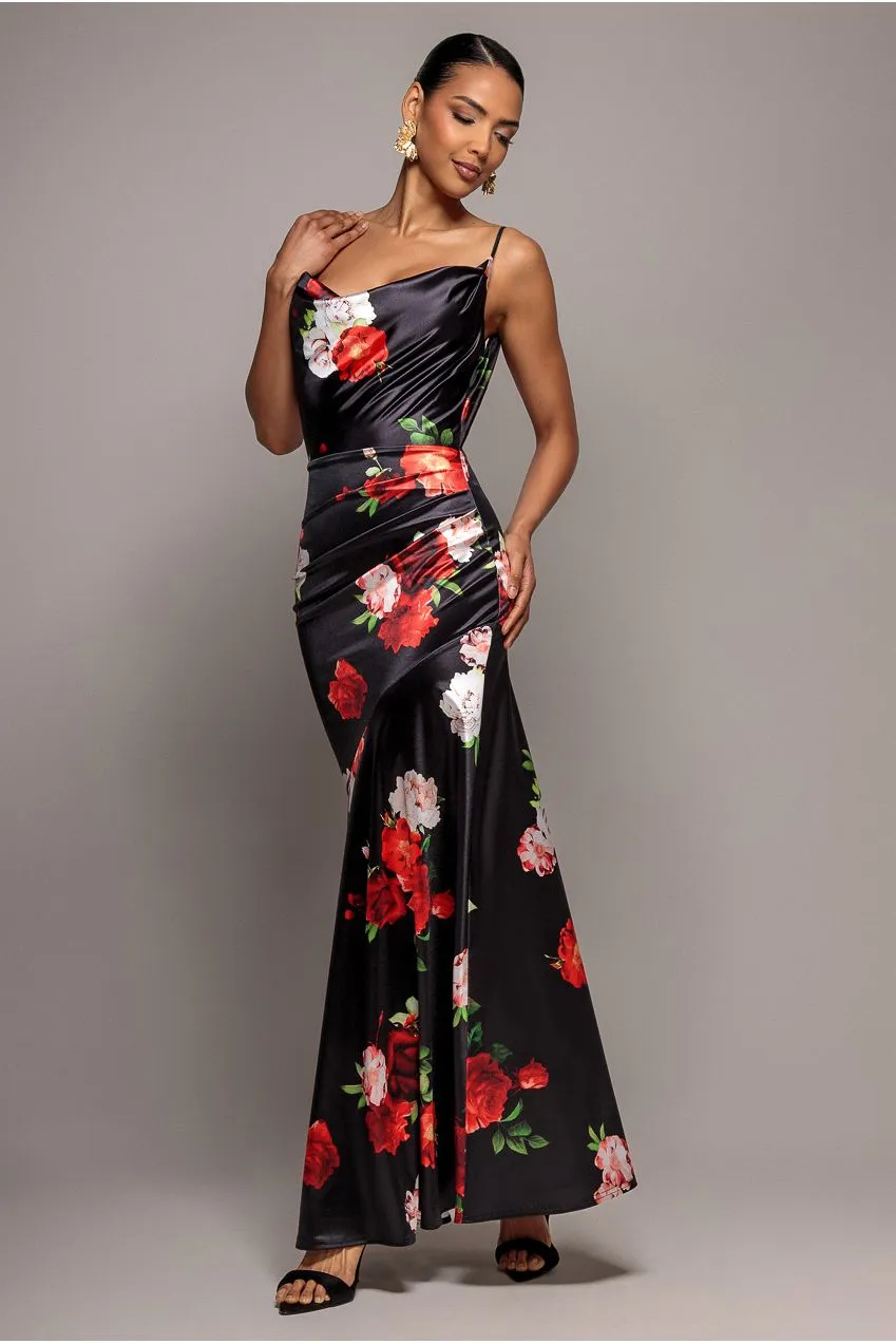 Goddiva Floral Satin Cowl abito lungo nero satin fiori scollo drappeggiato