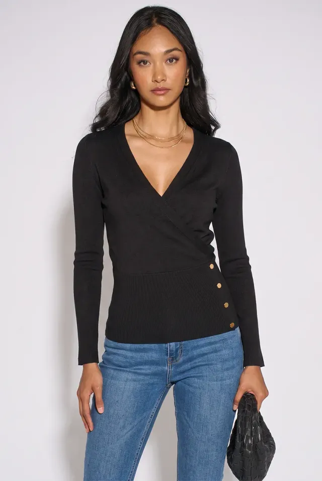 Gini London Wrap Front Gold Button Top Nero Maniche Lunghe